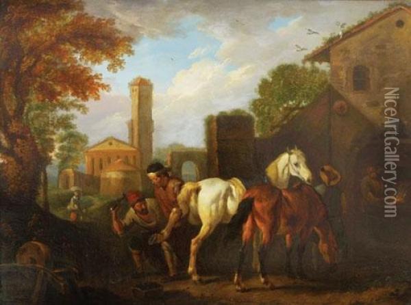 La Bottega Del Maniscalco Oil Painting - Pieter van Bloemen