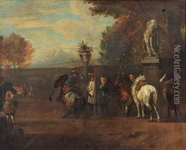 A Hunting Party And Cavalrists At A Riding School Oil Painting - Pieter van Bloemen