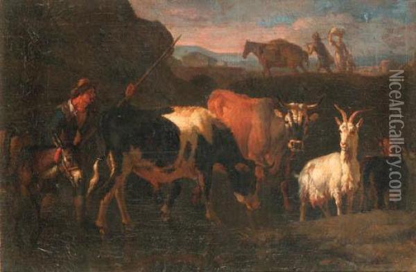 A Cowherd With Cattle, A Goat And A Donkey In An Italianatelandscape Oil Painting - Pieter van Bloemen