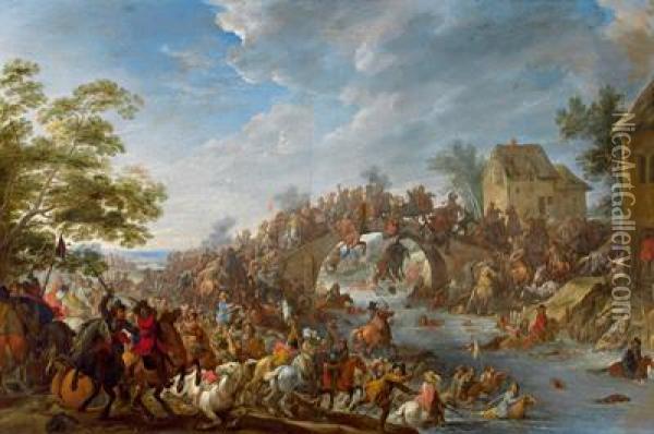 La Battaglia Per La Conquista Del Ponte Oil Painting - Adam Frans van der Meulen