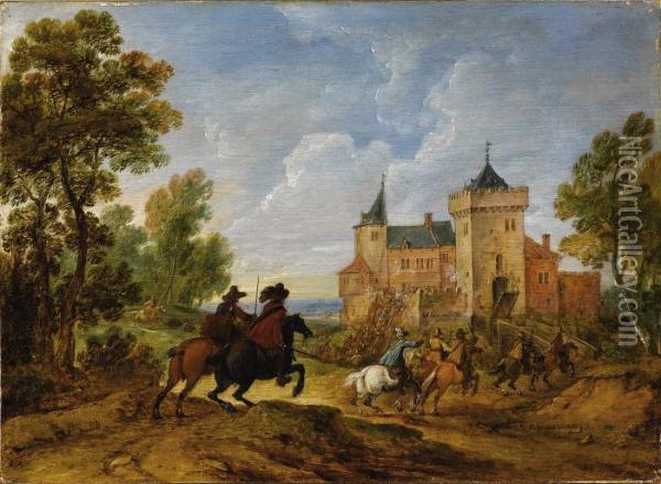 Horsemen In A Landscape (said To Be Near Dinan) Oil Painting - Adam Frans van der Meulen