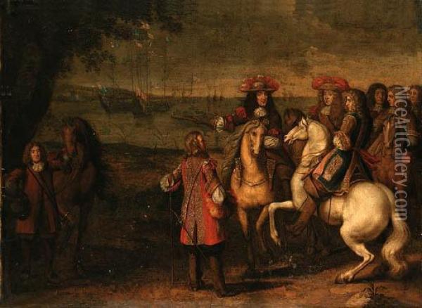 King Charles Ii And The Duke Of 
York With Other Figures Before Abay, With English Men-o-war Beyond Oil Painting - Adam Frans van der Meulen
