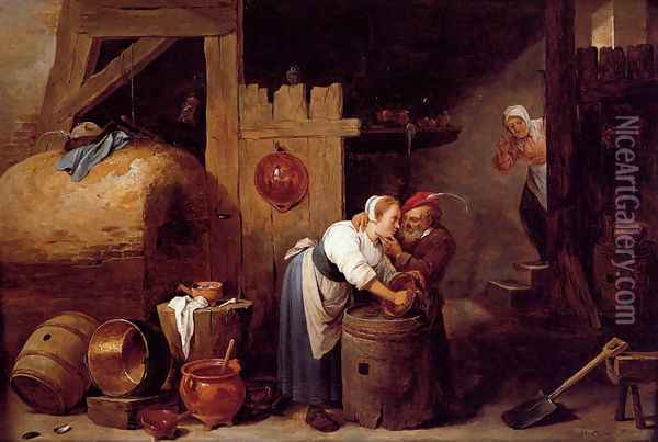 An Interior Scene With A Young Woman Scrubbing Pots While An Old Man Makes Advances Oil Painting - David The Younger Teniers