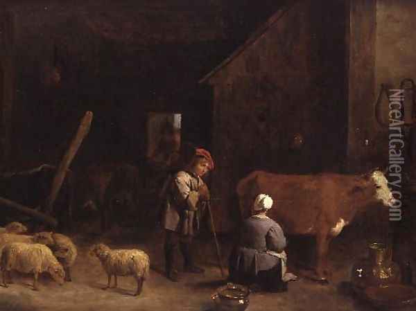 A Shepherd Boy talking to a milkmaid in a cowshed Oil Painting - David The Younger Teniers