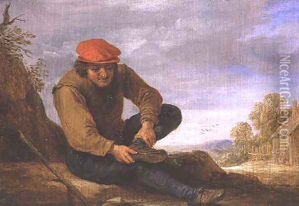Seated man removing his shoe Oil Painting - David The Younger Teniers