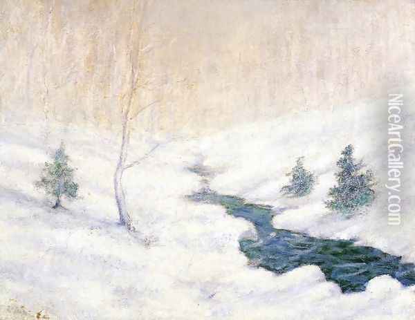Woodland Stream In A Winter Landscape Oil Painting - John Henry Twachtman