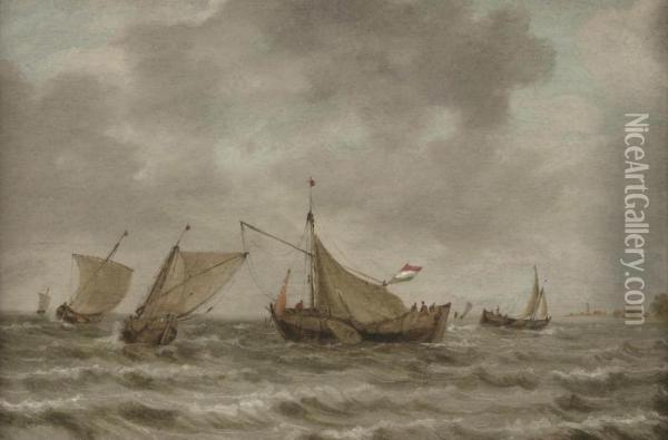 Dutch Sailing Vessels In Choppy Water Oil Painting - Jan van Goyen