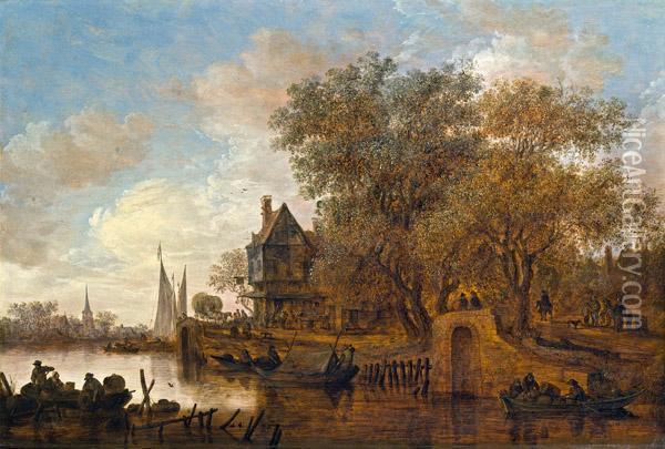 Flusslandschaft Mit Einem Mehrstockigen Wirtshaus Oil Painting - Jan van Goyen