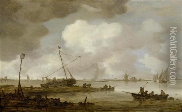 River Landscape With Fishing Boats. Oil Painting - Jan van Goyen