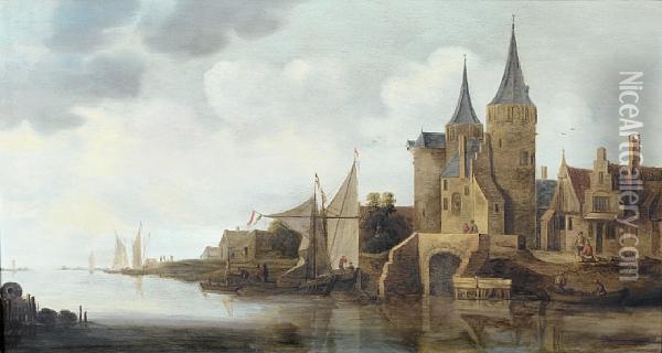 A Fortified Riverside Town With Fishing Boatsnearby Oil Painting - Jan van Goyen