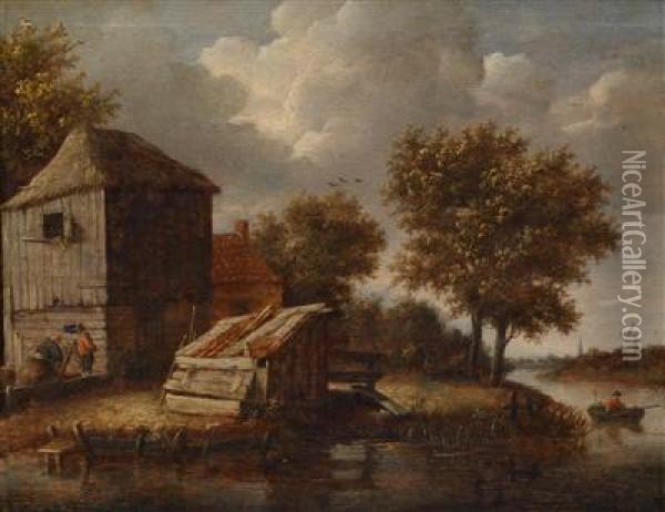 Flusslandschaft Mit Gebauden Am Ufer Oil Painting - Jan van Goyen