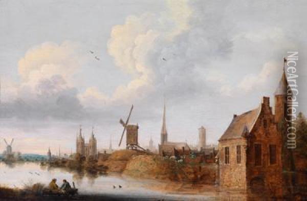 Umkreishollandische Flusslandschaft Mit Einem Am Wasser Gelegenenstadtchen Oil Painting - Jan van Goyen
