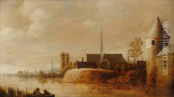 Two Figuresin A Boat With A Dutch Town Beyond Oil Painting - Jan van Goyen