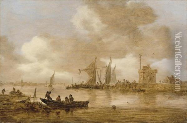 A River Estuary With Dutch Shipping And A Lighthouse Oil Painting - Jan van Goyen