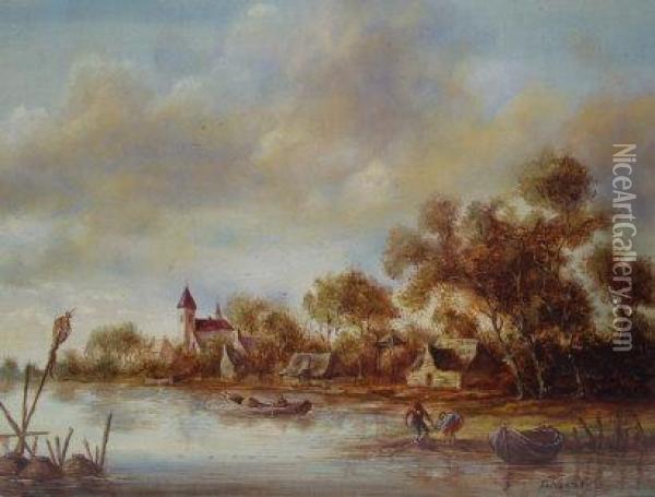 A River Landscape With Fishermen Dragging A Net Oil Painting - Jan van Goyen