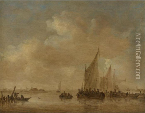 Fishing Boats In An Estuary Oil Painting - Jan van Goyen