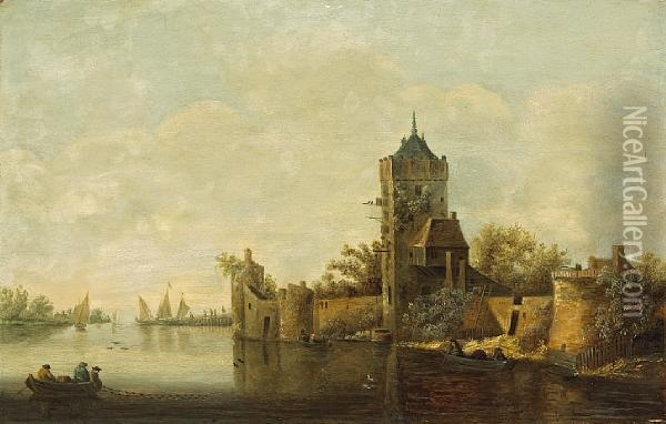 A River Landscape With A Castle And Fishermenin The Foreground Oil Painting - Jan van Goyen