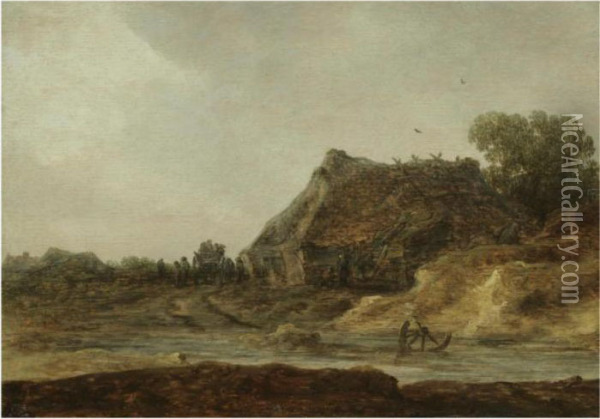 Travellers Passing A Peasant Settlement Oil Painting - Jan van Goyen