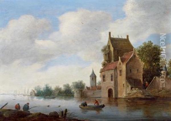 Paesaggio Fluviale Con Pescatori E Imbarcazioni A Vela Sullo Sfondo Oil Painting - Jan van Goyen