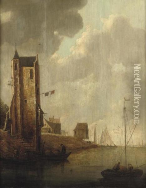 A River Landscape With Fishermen In Their Boats By A Ruined Tower, Shipping Beyond Oil Painting - Jan van Goyen