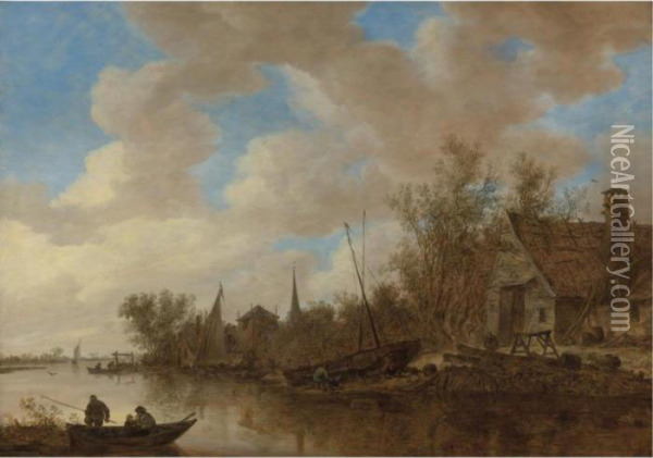 River Landscape With Men Fishing
 From Boats And Men Repairing A Boat Before A Wooden House Oil Painting - Jan van Goyen