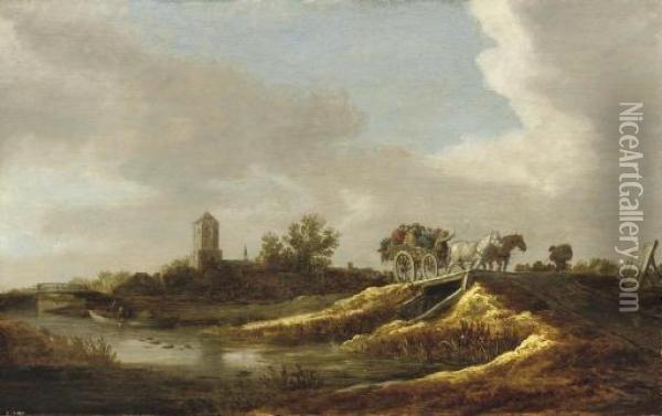 A River Landscape With Figures 
In A Horse-drawn Cart Crossing A Bridge, A Village With A Church Beyond Oil Painting - Jan van Goyen