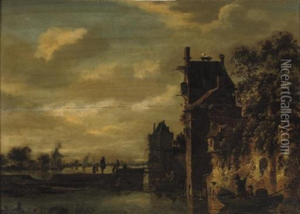 A River Landscape With Figures 
In Rowing Boats Outside The Walls Of A Town, Sailing Boats Beyond Oil Painting - Jan van Goyen