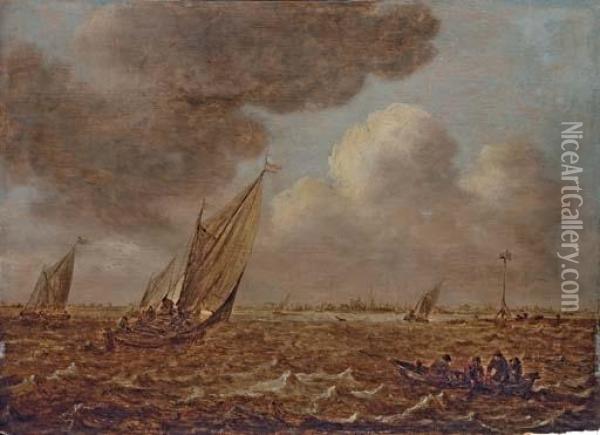 Shipping In An Estuary In Choppy Water Oil Painting - Jan van Goyen