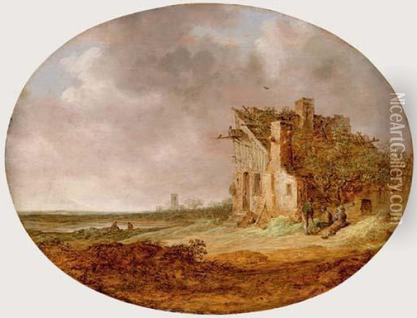 An Extensive Landscape With Peasants Sitting On A Bank Oil Painting - Jan van Goyen