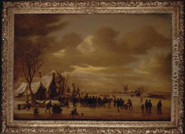 Winter Landscape With Skaters On
 A Frozen Lake Beside A Tavern A Windmill Beyond Oil Painting - Jan van Goyen