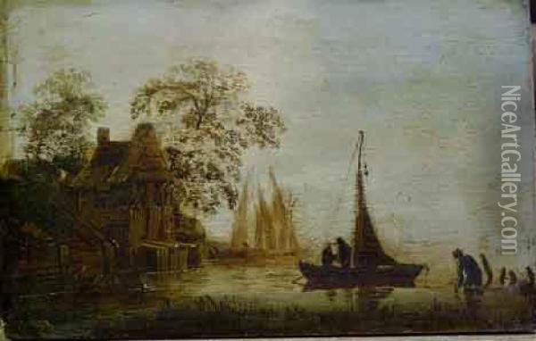 River Landscape With Fisherman In A Boat Oil Painting - Jan van Goyen