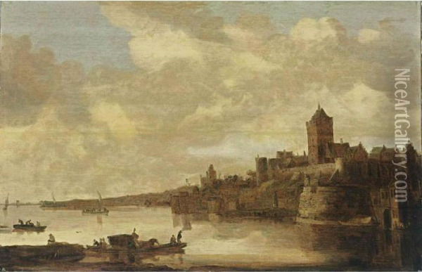 Nijmegen: A View Of The Valkhof 
Seen From Across The River Rhine, With A Ferry In The Foreground Oil Painting - Jan van Goyen