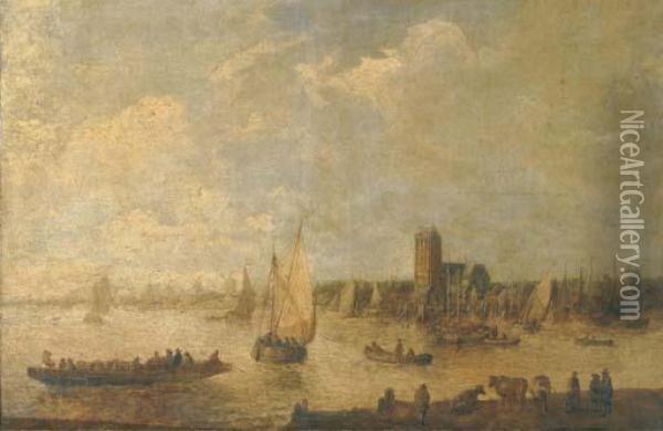 A River Landscape With Shipping 
And Fishermen In Rowing Boats Andcattle Grazing In The Foreground, A 
City Beyond Oil Painting - Jan van Goyen