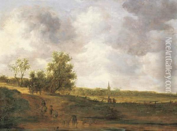 A Rural Landscape With Peasants And A Drover By A Track, A Village Beyond Oil Painting - Jan van Goyen