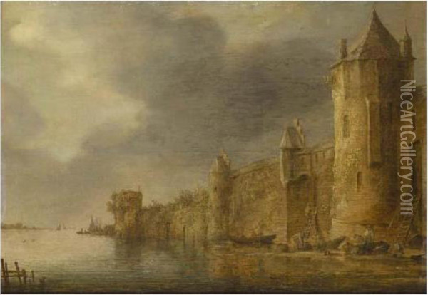 River Landscape With Figures On The Shore Beneath A Fortified Town Oil Painting - Jan van Goyen