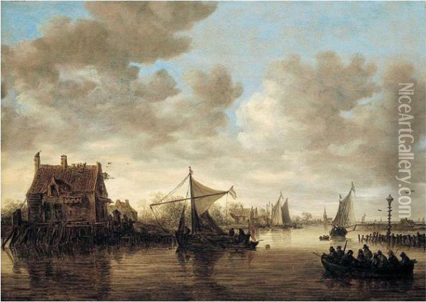 The Oude Wachthuis On The Kil Near Dordrecht, With Smalschips And A Ferry Oil Painting - Jan van Goyen