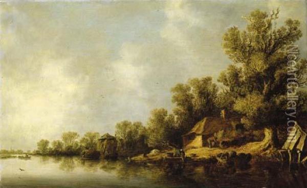 A Wooded River Landscape Oil Painting - Jan van Goyen