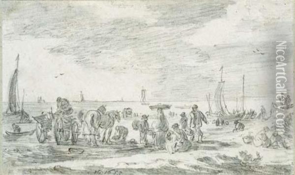 Fishermen On The Beach At Scheveningen Oil Painting - Jan van Goyen