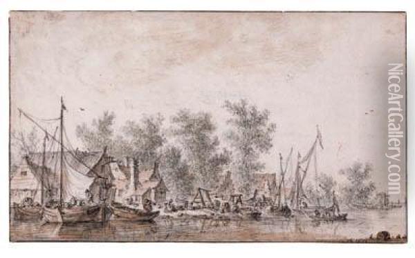 A Village Harbour Along A River Oil Painting - Jan van Goyen