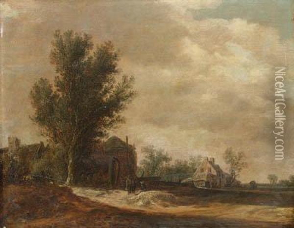 A Landscape With Peasants Beside A Hamlet Oil Painting - Jan van Goyen