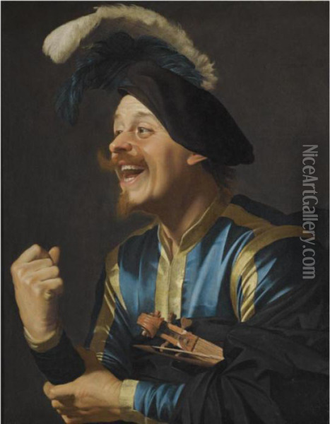 A Laughing Violinist, 
Half-length, Wearing A Blue And Yellow Striped Doublet And A Plumed Cap,
 With A Violin Tucked Under His Arm Oil Painting - Gerrit Van Honthorst