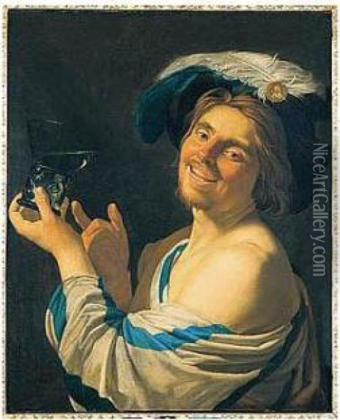 A Merry Toper Holding A Wine Glass Oil Painting - Gerrit Van Honthorst