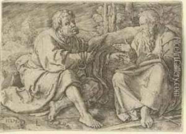 Saints Peter And Paul Seated In A Landscape Oil Painting - Lucas Van Leyden