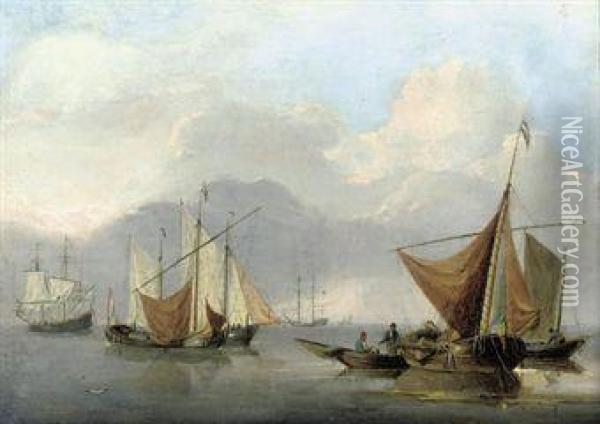 Dutch Barges Drying Their Sails With Warships Anchored Beyond Oil Painting - Jan van Os