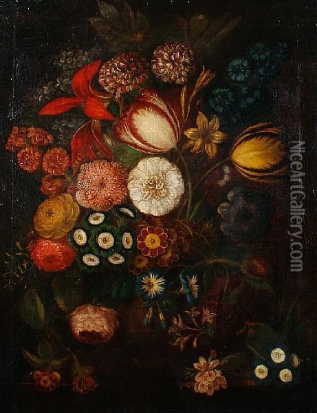 Tulips, Roses, Jasmine, Primroses And Otherflowers On A Table Top Oil Painting - Jan van Os