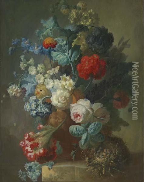 Roses, Cineria, Cockscombe, Auricula, Hops, Hollyhocks, Narcissi, Helichrysum Oil Painting - Jan van Os