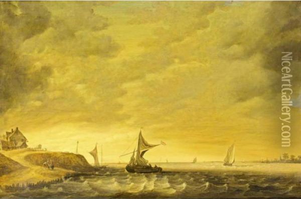 A River Landscape With Sailing 
Boats In Choppy Waters And Figures Conversing On The Shore Oil Painting - Jan van Os