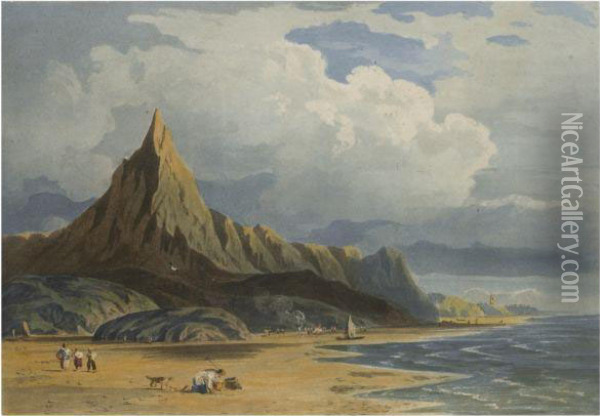 Figures On The Beach At Barmouth, North Wales Oil Painting - John Varley