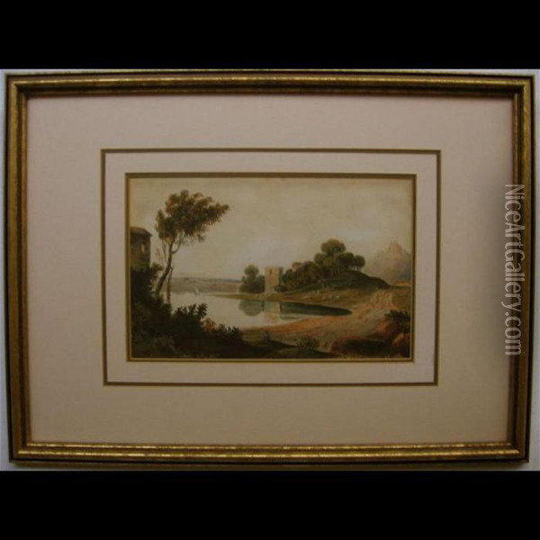 River And Landscape; Fisherfolk On Beach Oil Painting - John Varley