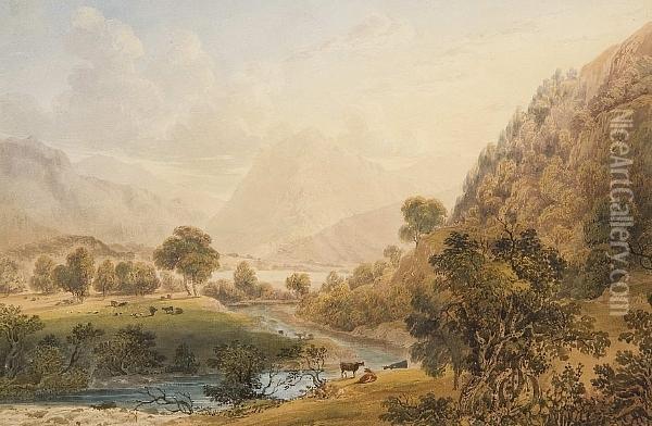 Extensive River Landscape With Cattle Oil Painting - John Varley